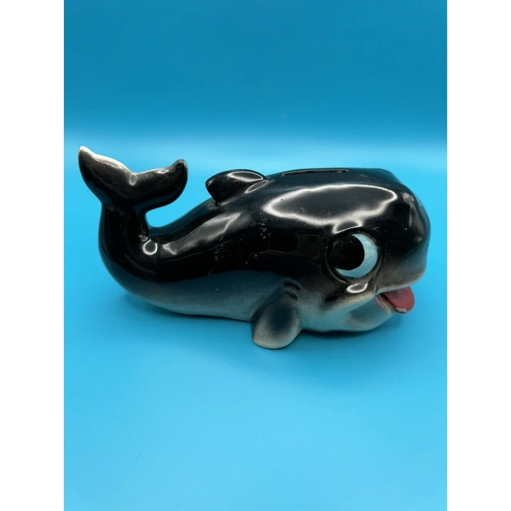 Vintage Whale‎ Ceramic Bank Figurine Piggy Coin Bank Anthropomorphic Happy Gray